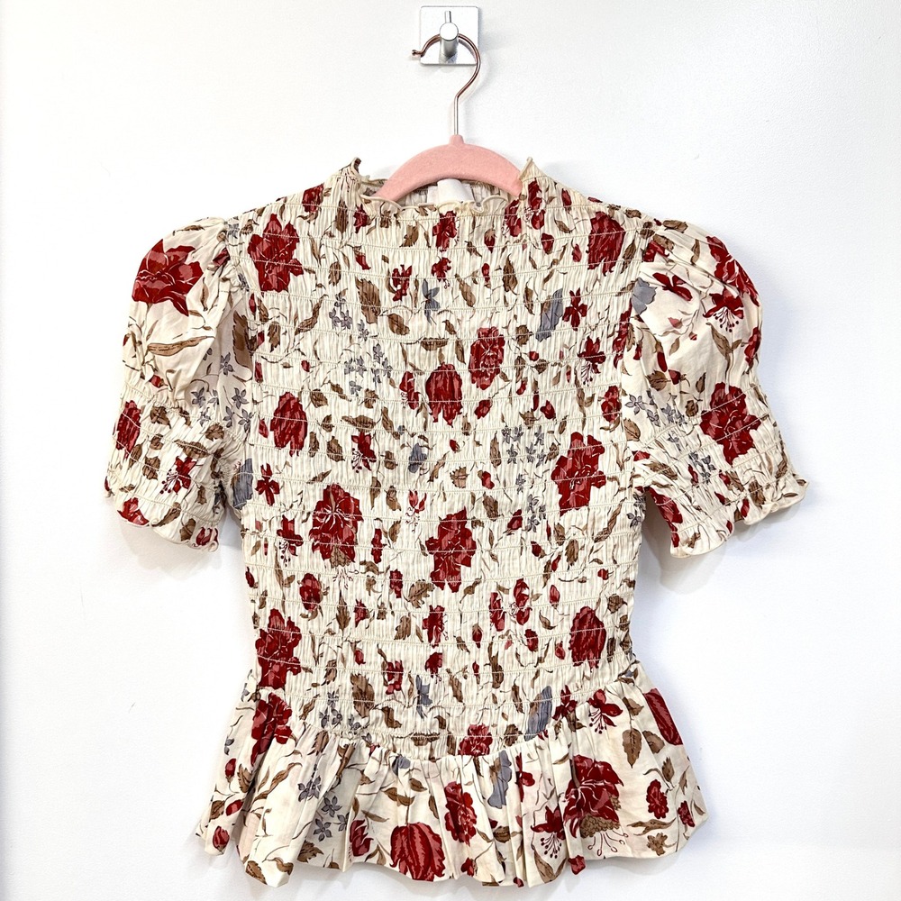 Reformation Aggie Floral Print Top Small Smocked Peplum Hem Romantic Countryside